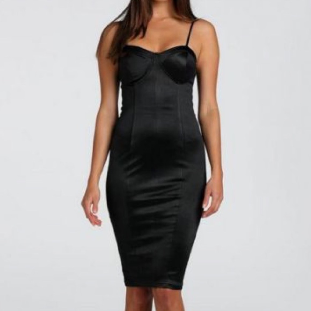 Black Satin Bodycon Midi Dress